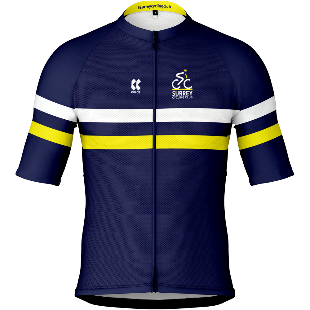 Surrey cycling club jersey. The men's cycling jersey with yellow and blue stripes.