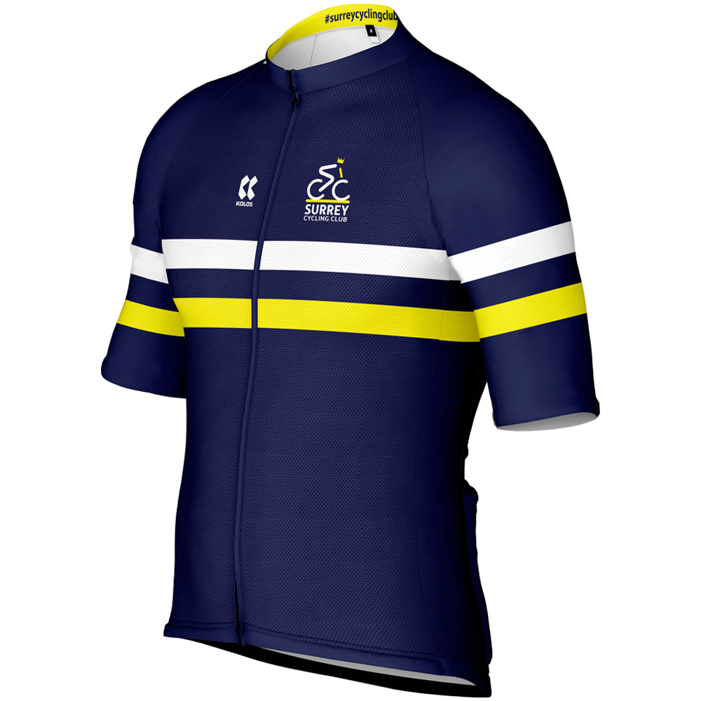 Surrey cycling club jersey. The men's cycling jersey with yellow and blue stripes.