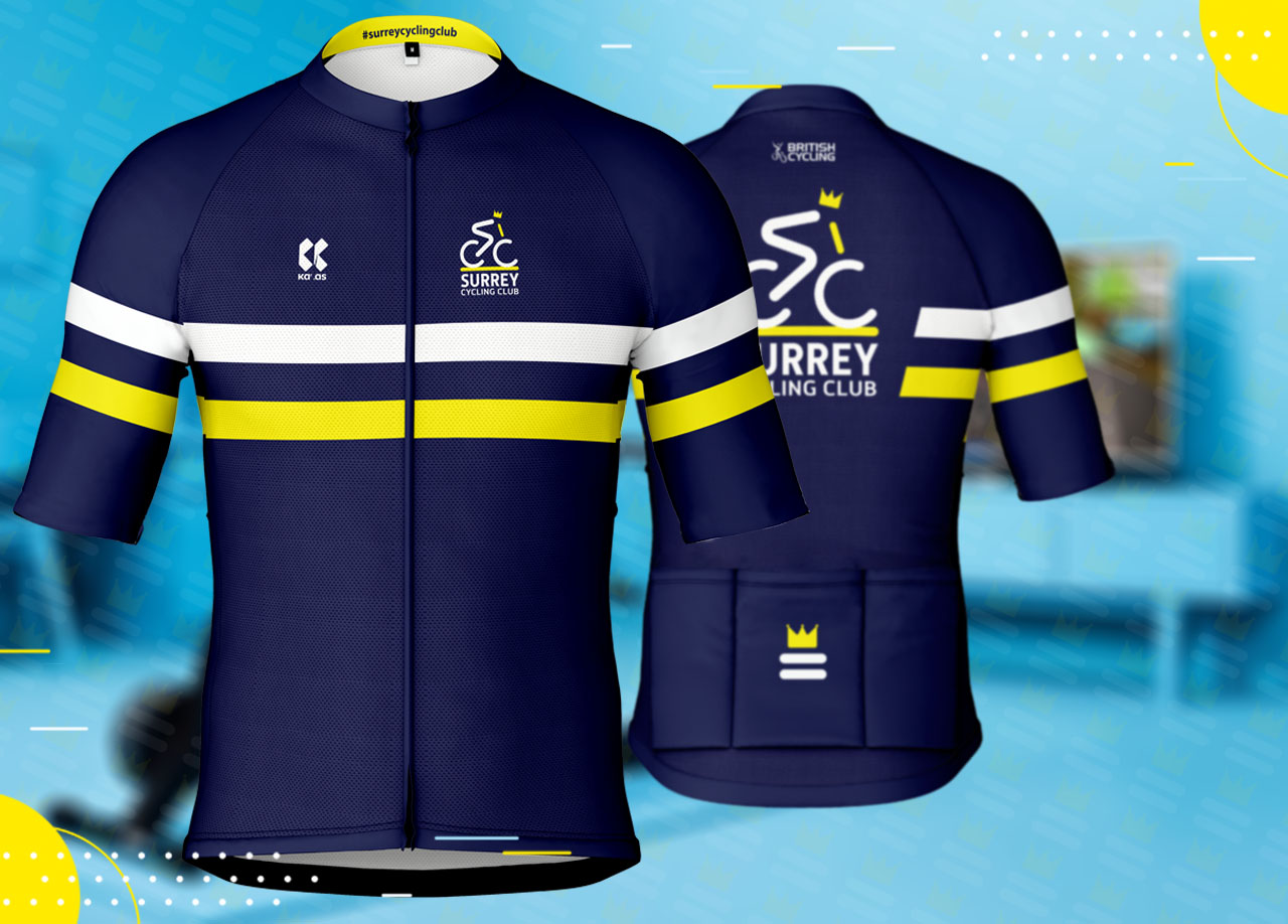 A cycling jersey with yellow and blue stripes.