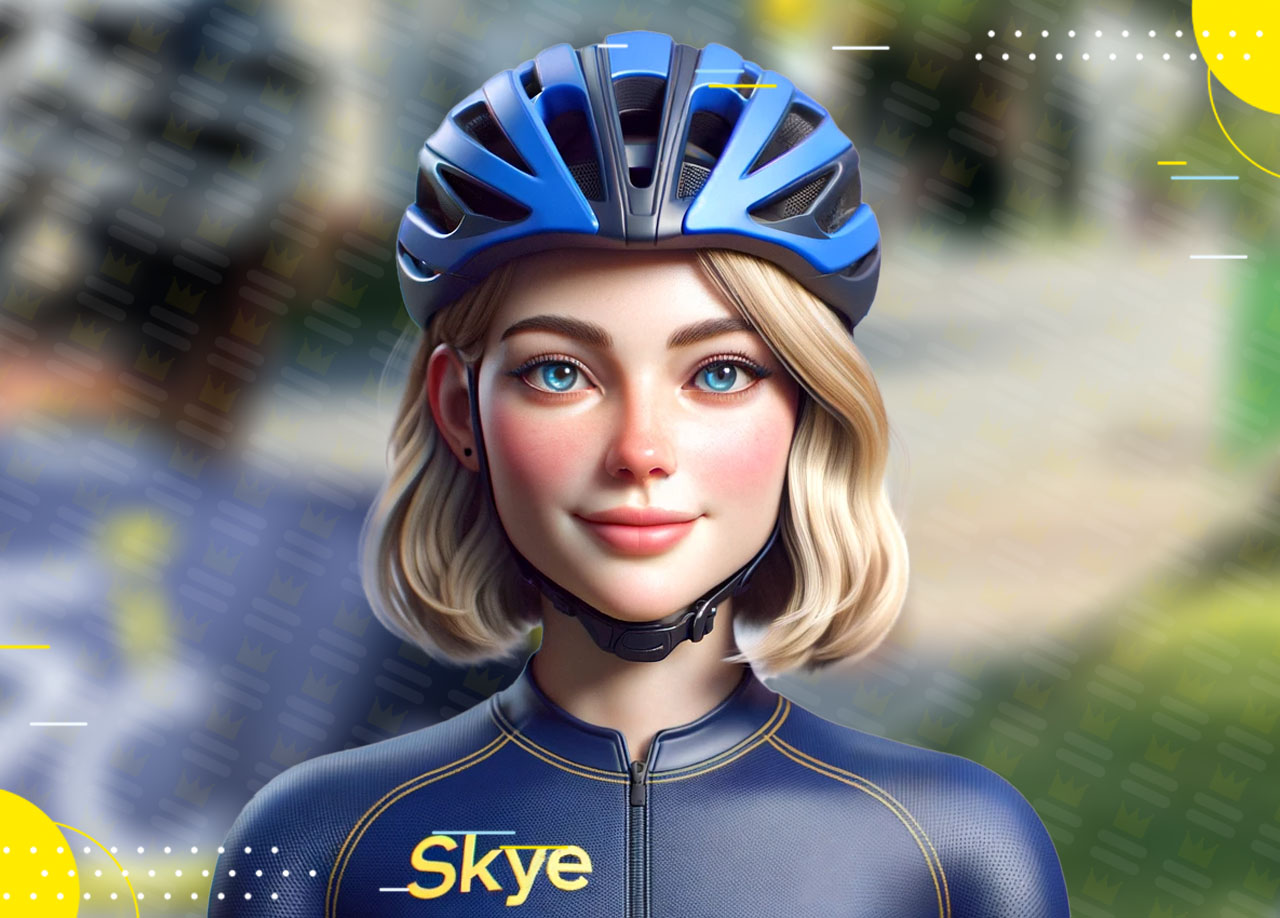 Skye, a girl wearing a cycling helmet, serves as your Virtual Cycling Companion.
