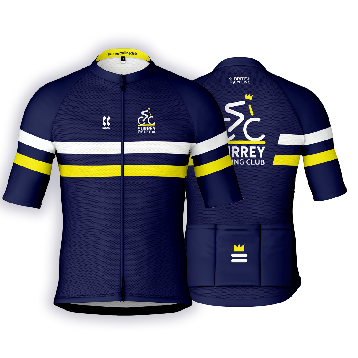 Surrey Cycling Kit. A blue and yellow cycling jersey with the words st george.